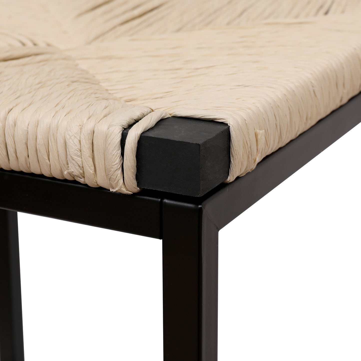 Black metal frame stool with woven natural fiber seat