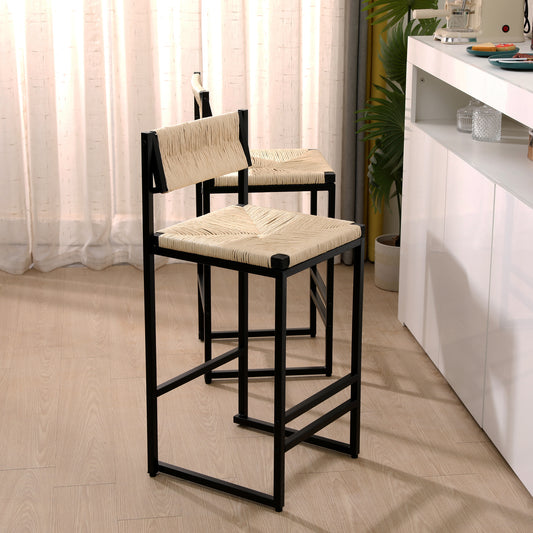 Black metal bar stool with natural woven raffia seat