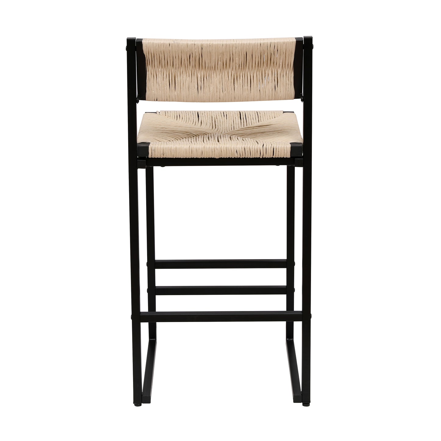 Black metal bar stool with woven natural rush seat and back