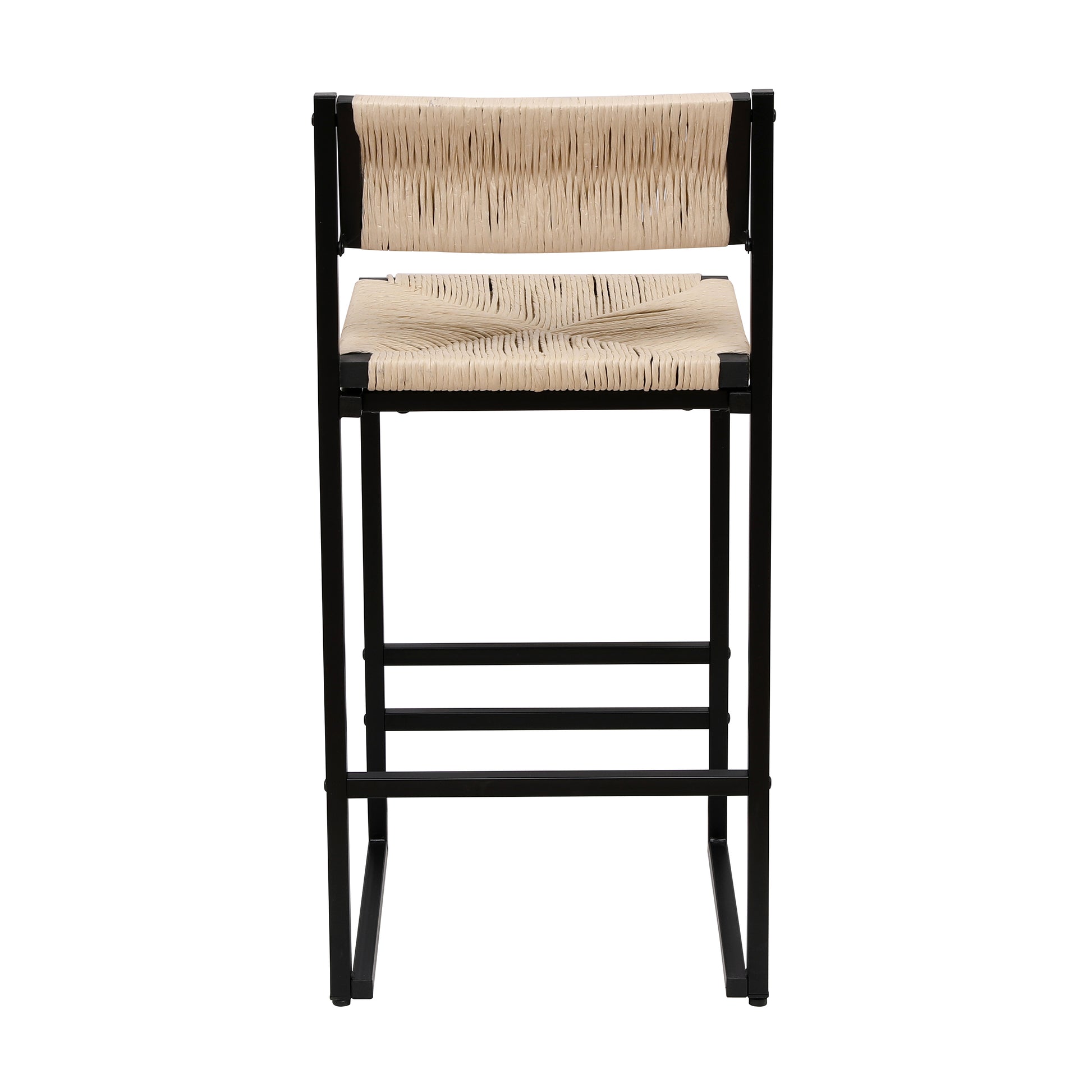Black metal bar stool with woven natural rush seat and back