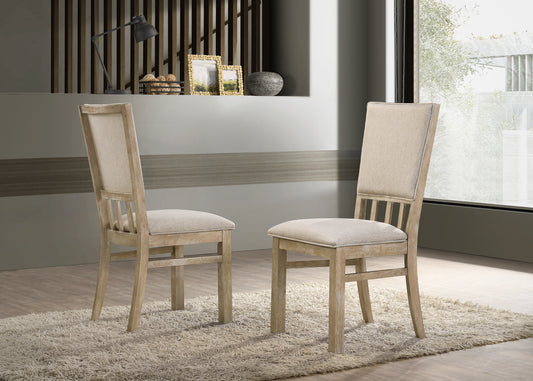 Rustic wood dining chairs with light beige upholstered seats