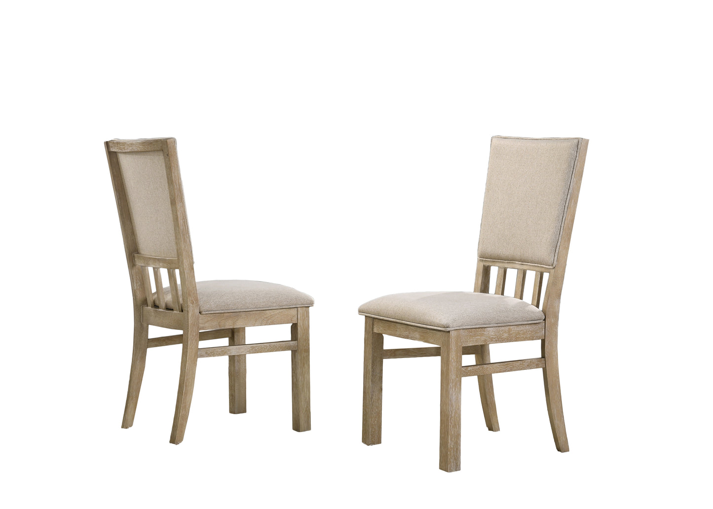 Two neutral linen upholstered dining chairs with distressed wooden frames
