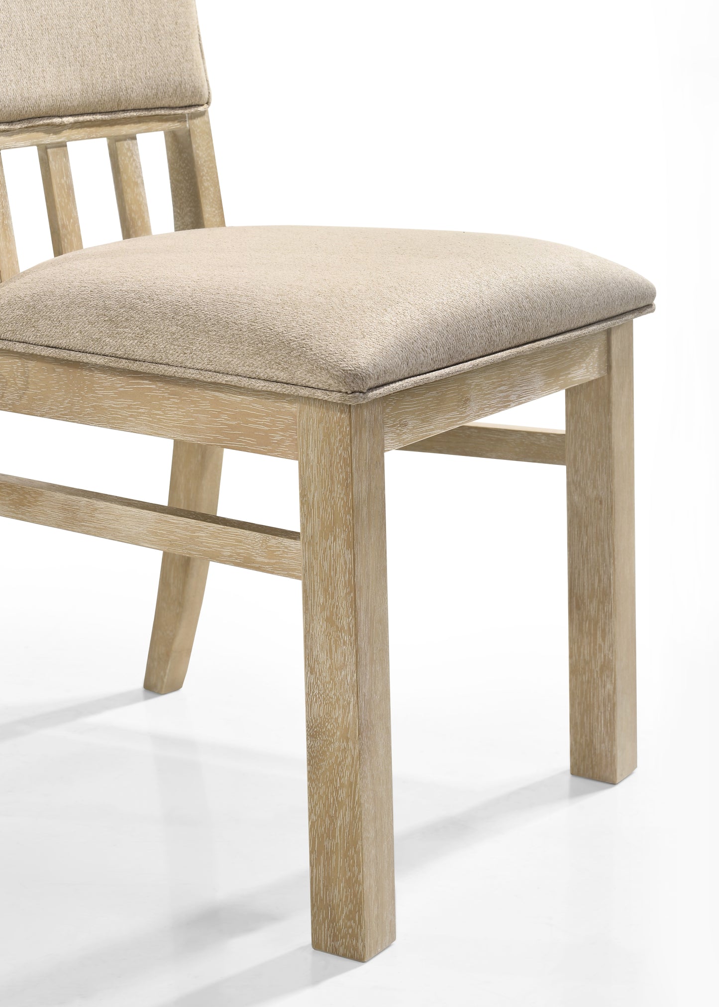 Beige upholstered dining chair with light wood frame