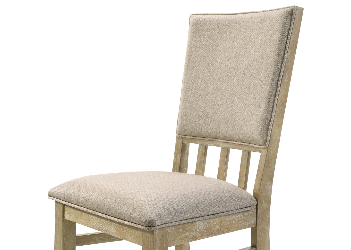 Upholstered dining chair with light beige fabric and distressed wood frame