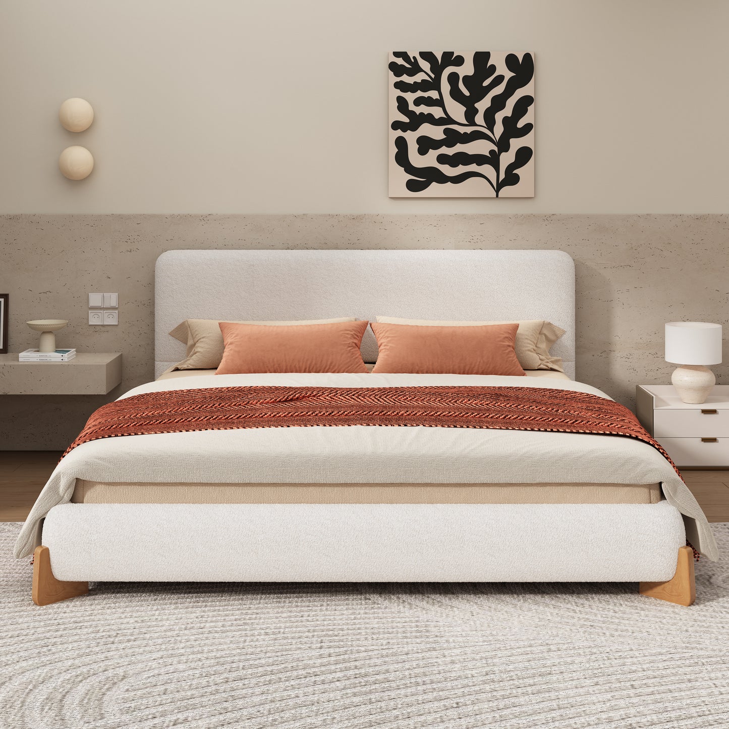 Elegant Upholstered King Bed Frame with Sturdy Support, White