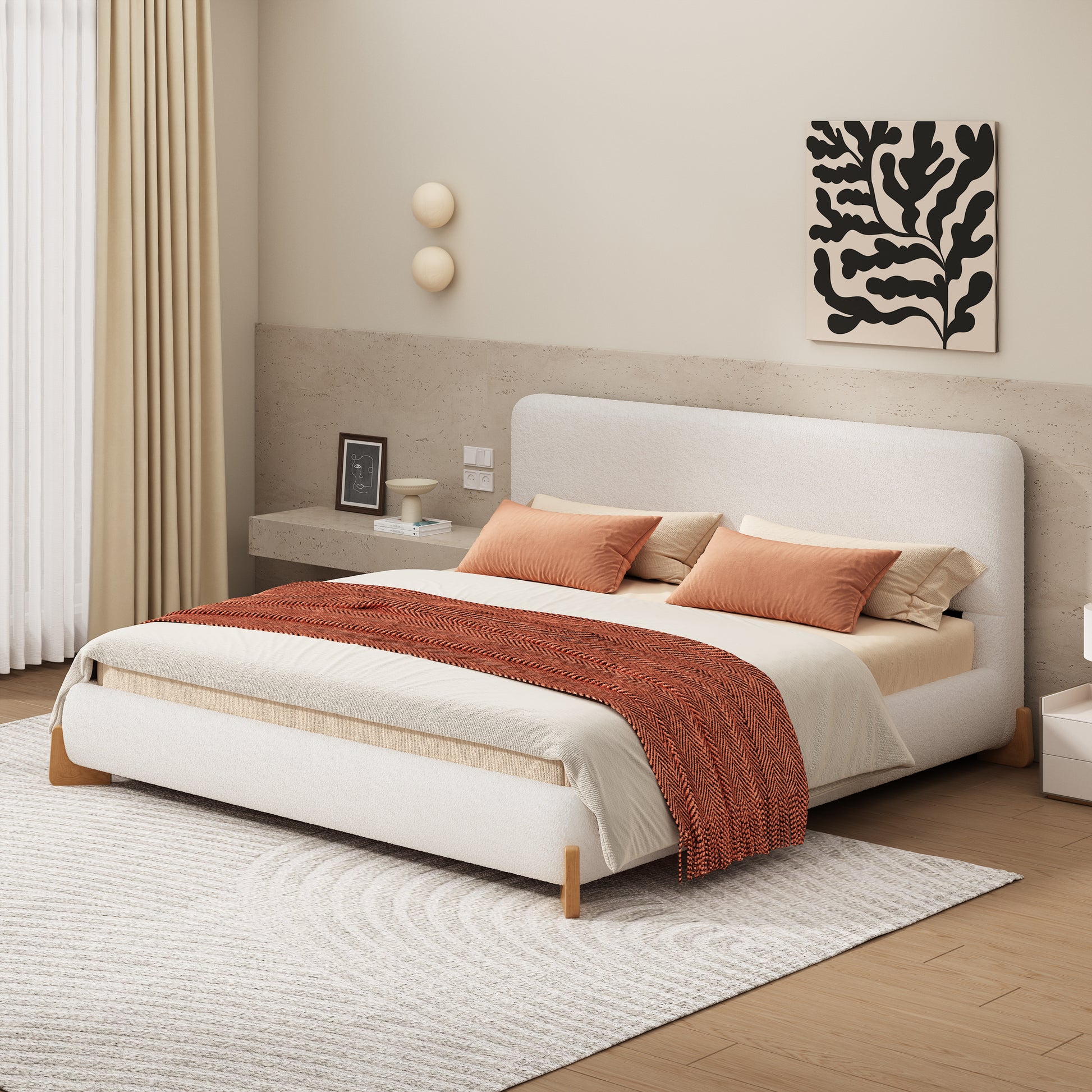 Plush white boucle upholstered bed frame with wooden legs ideal for modern bedrooms