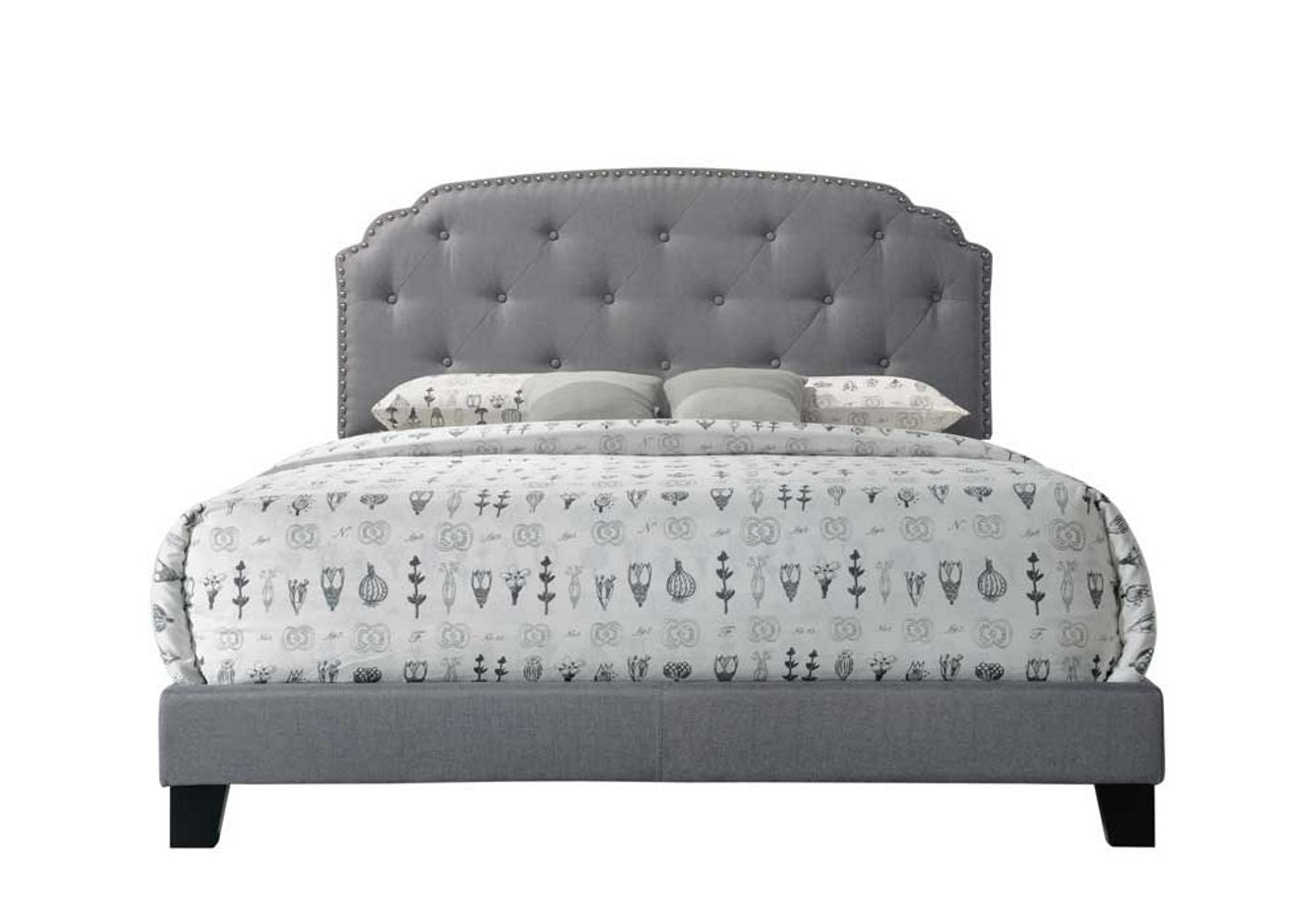 Stylish Gray Fabric Queen Bed with Tufted Headboard and Low Footboard
