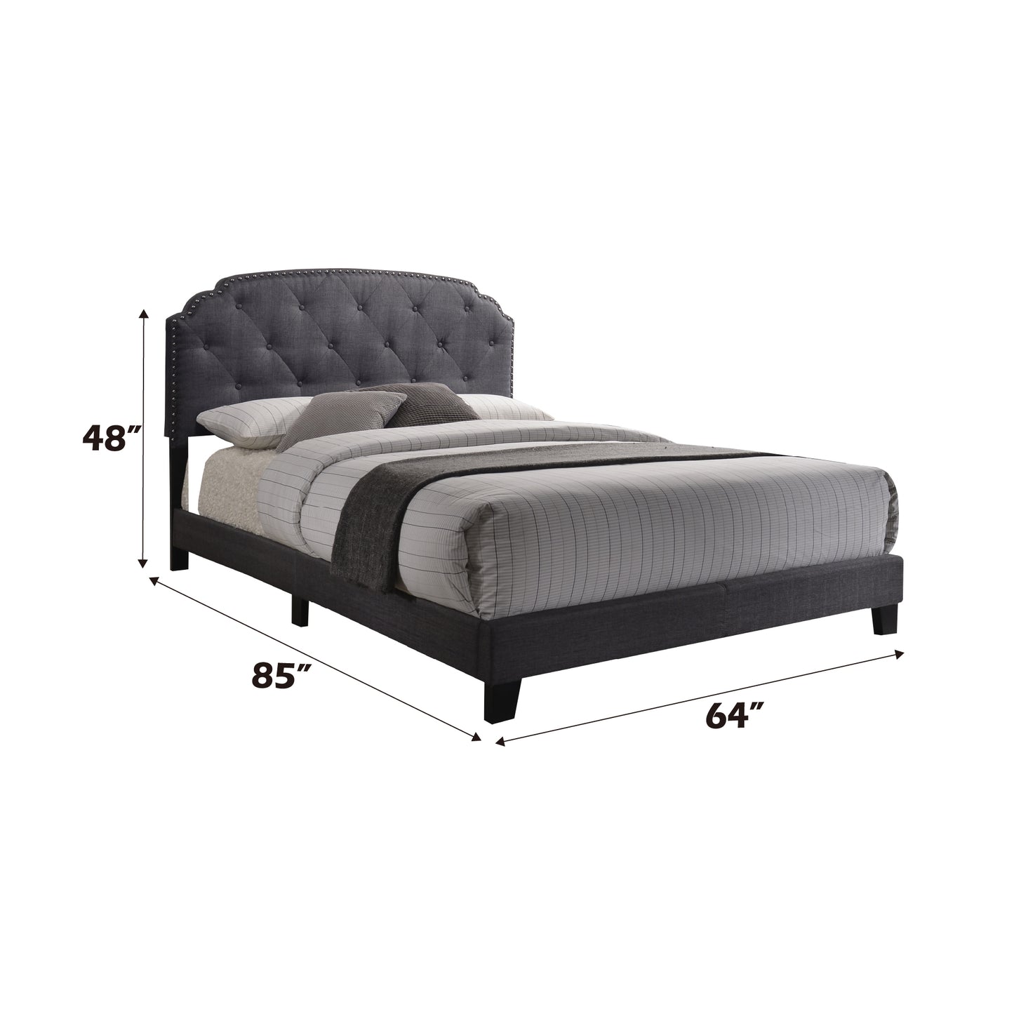 Stylish Gray Fabric Queen Bed with Tufted Headboard and Low Footboard