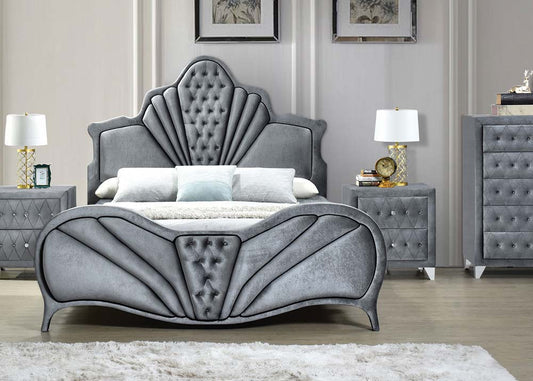 Glamorous grey velvet bed with tufted fanshaped headboard and footboard