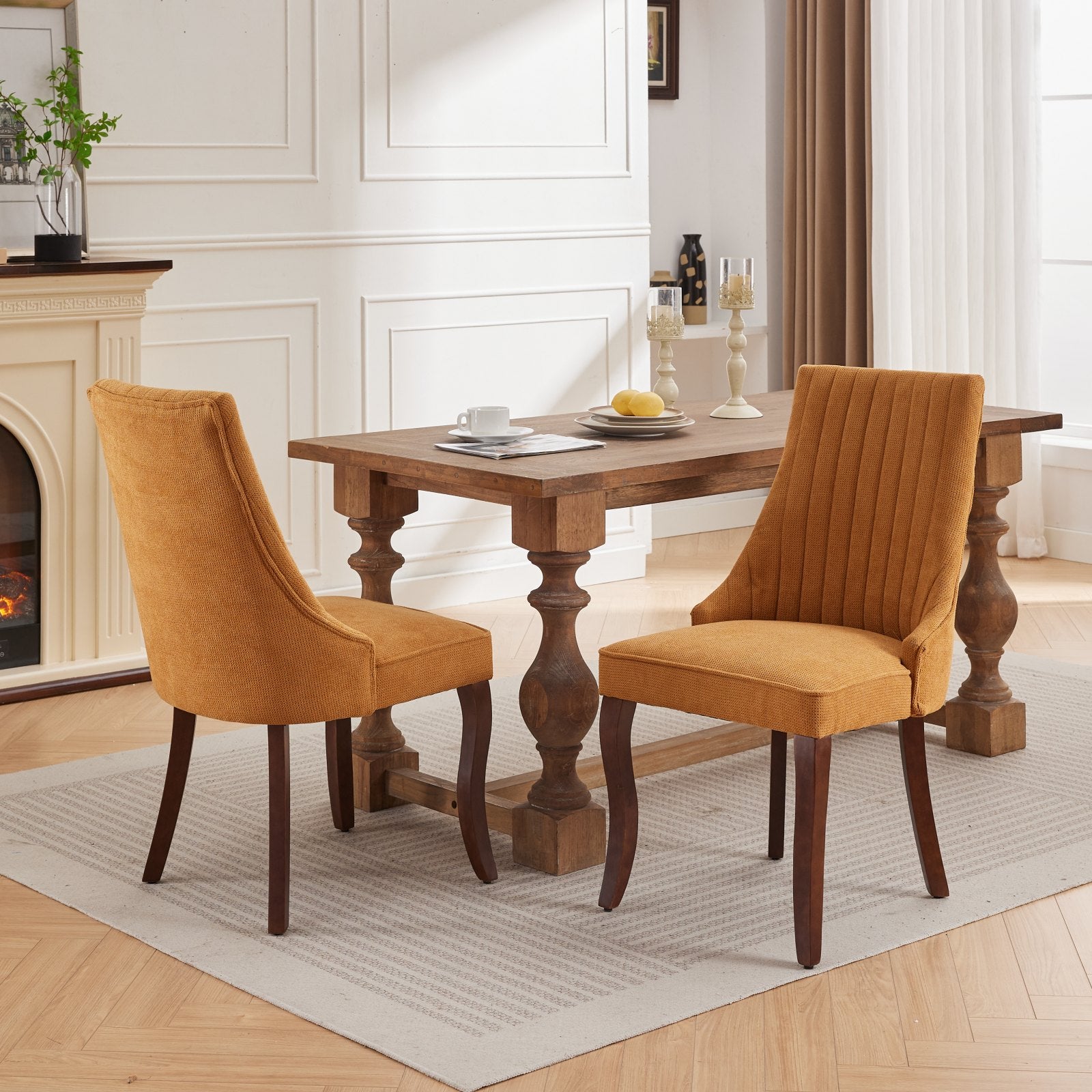 Orange upholstered dining chair with ribbed back and dark wood legs