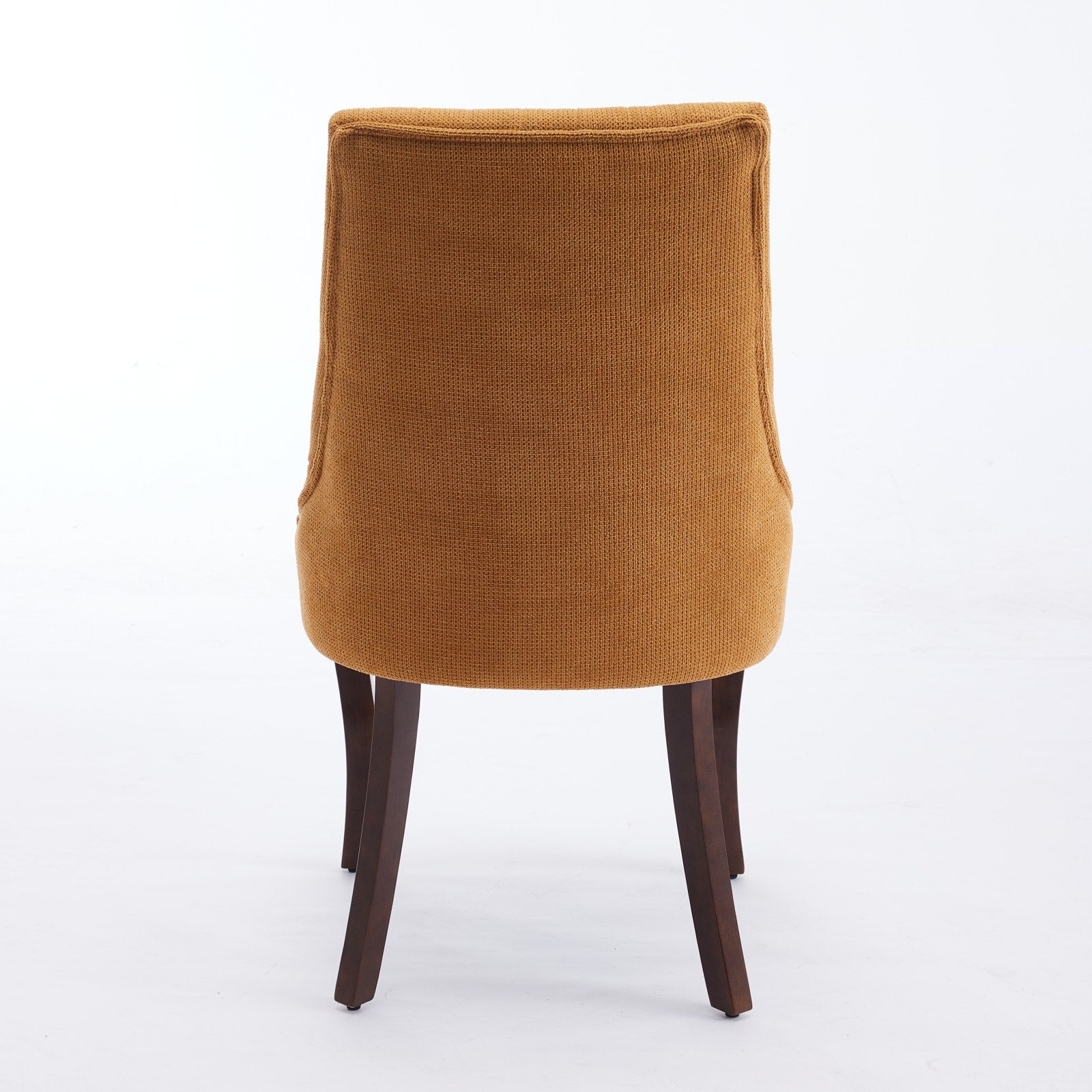 Brown textured upholstered dining chair with dark wood legs