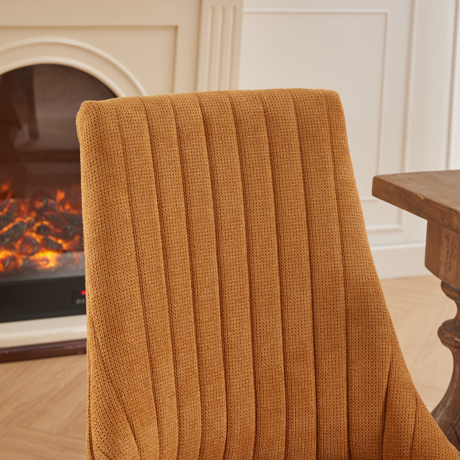 Tan ribbed knit accent chair back with plush fabric
