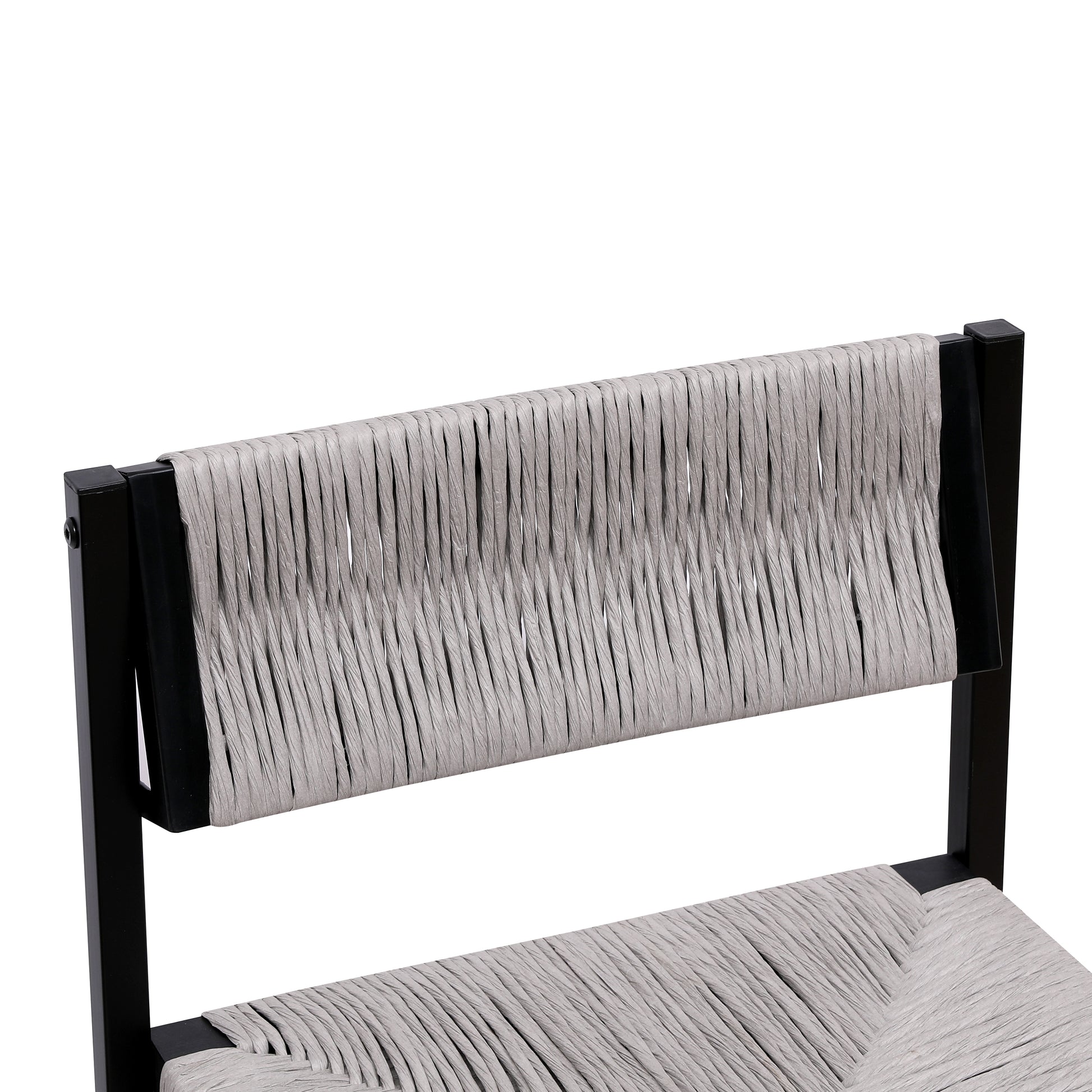 Light gray woven backrest detail of a black frame chair