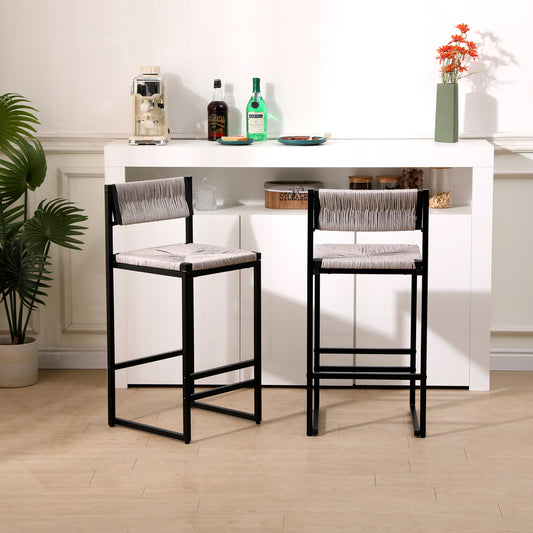 Modern bar stool with woven seat and black metal frame