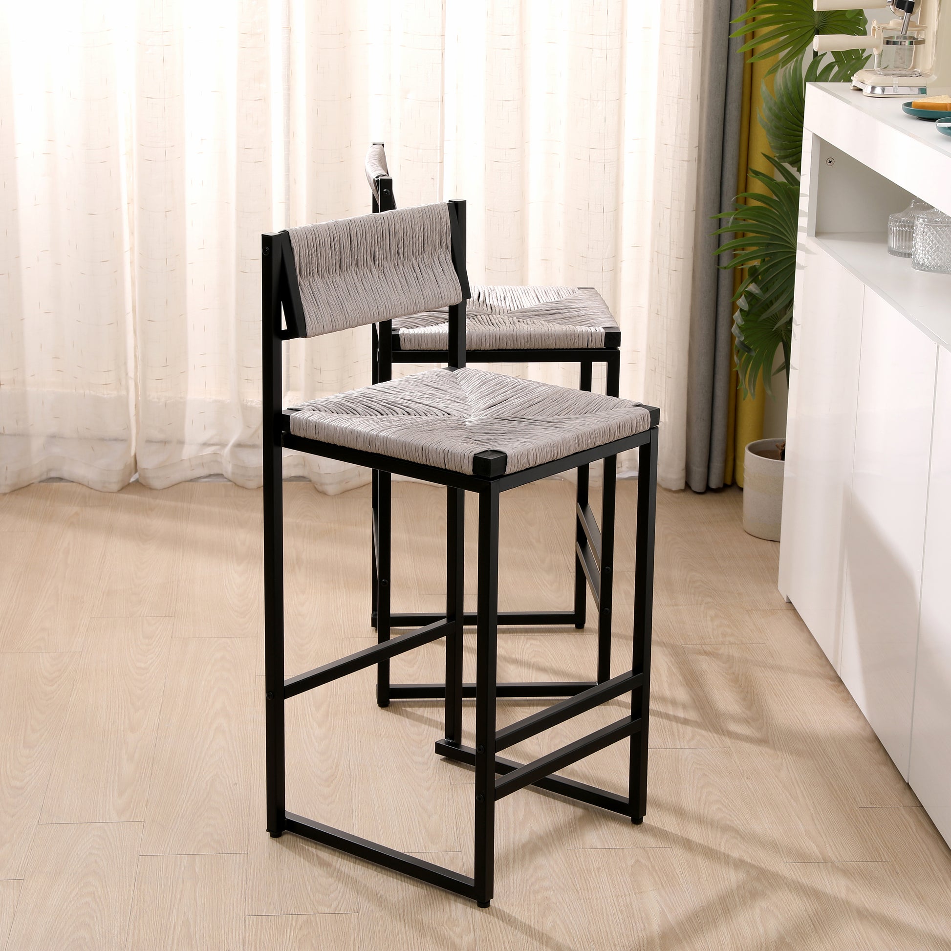 Gray woven counter stool with black metal frame