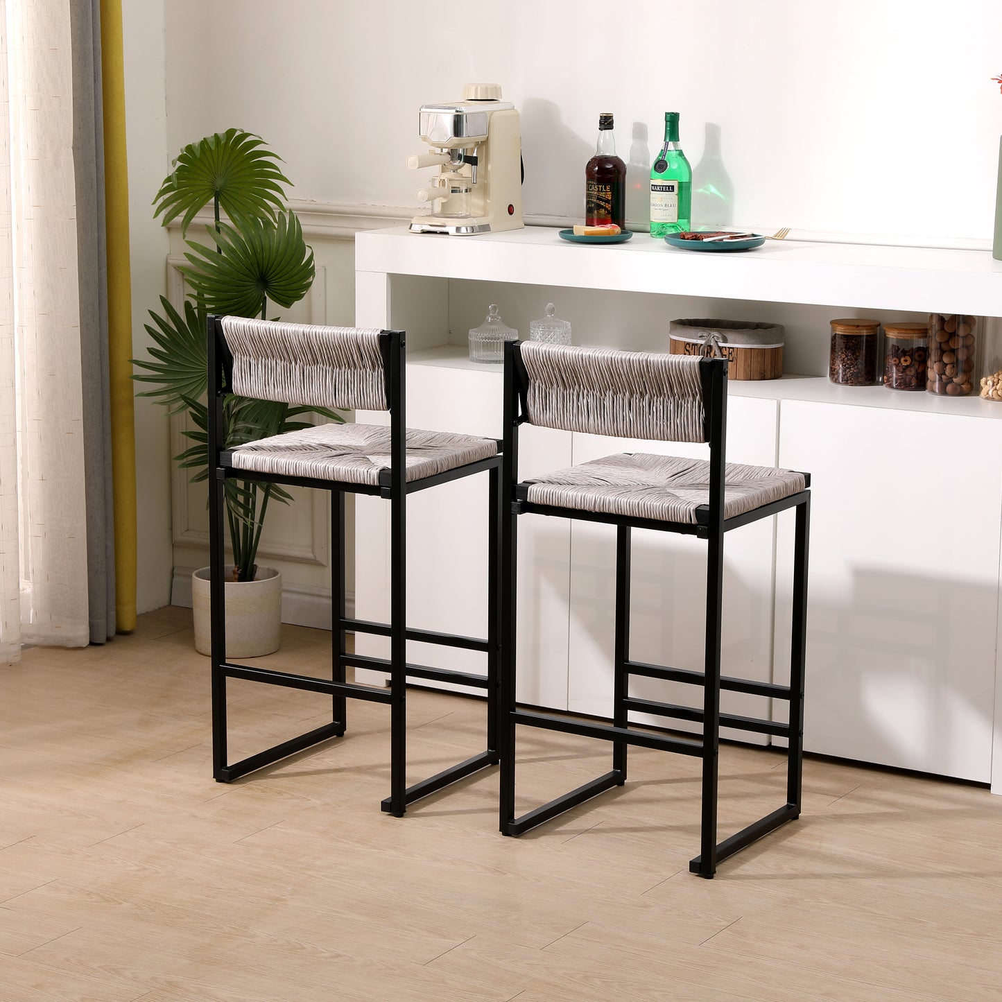 Set of two modern bar stools with woven gray seats and black metal frames