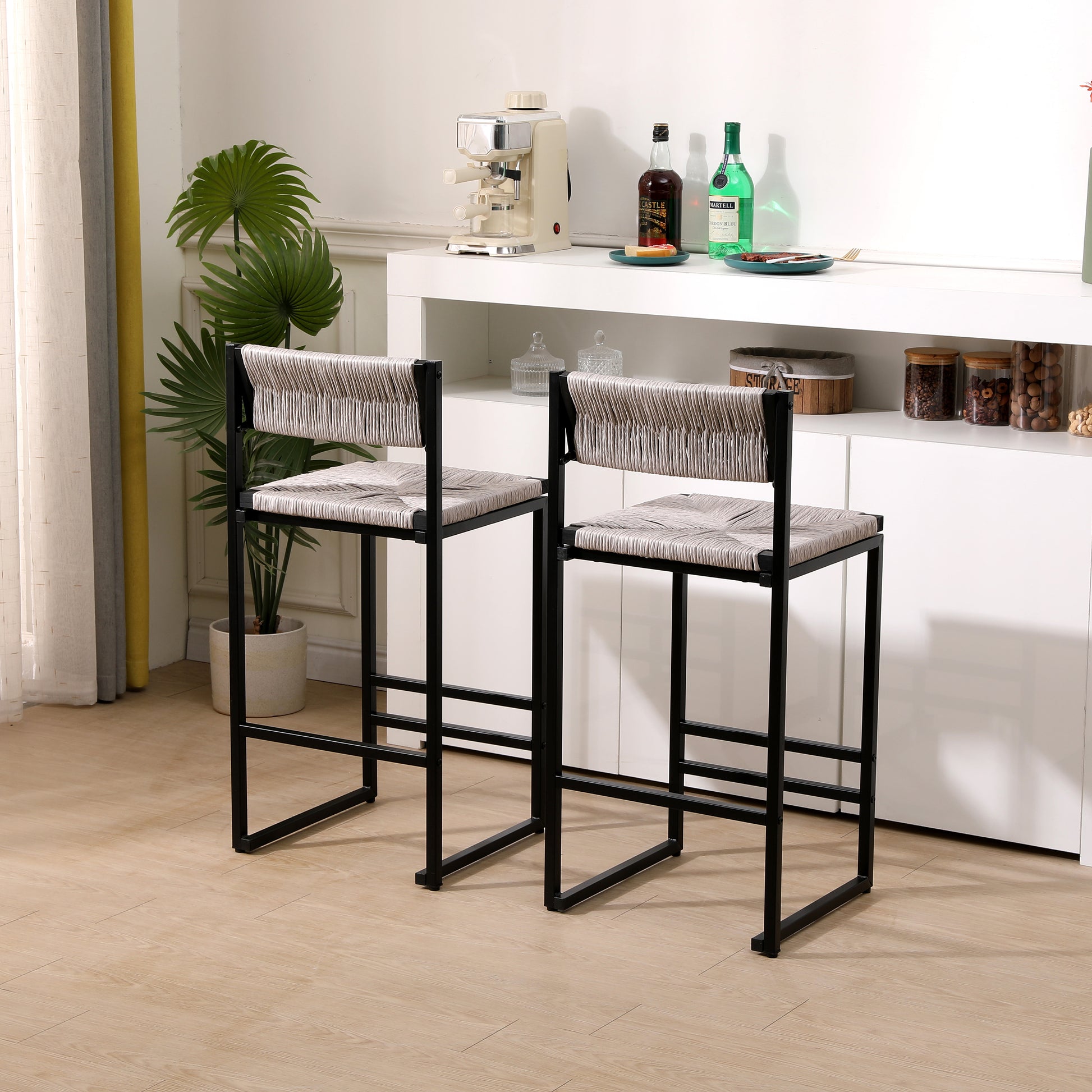 Set of two modern bar stools with woven gray seats and black metal frames