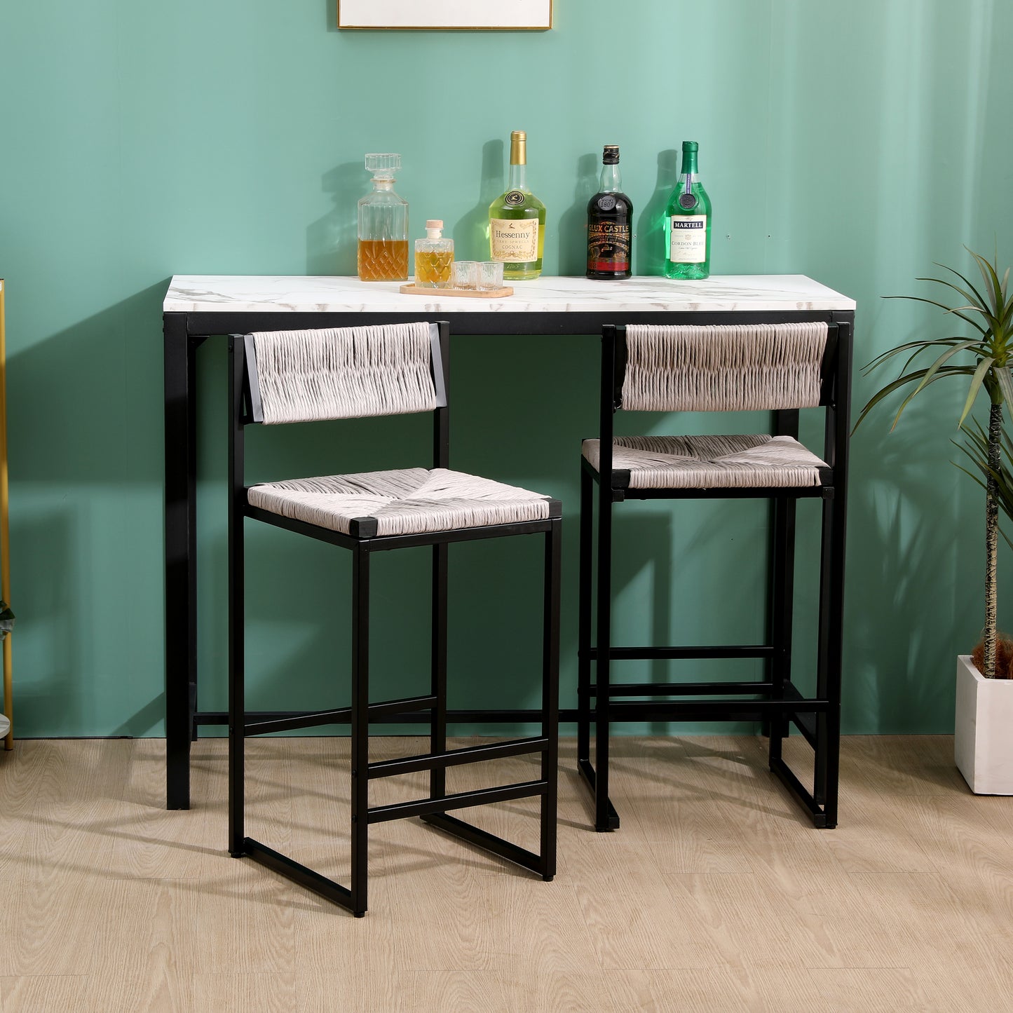 Black metal bar stool with woven rope seat