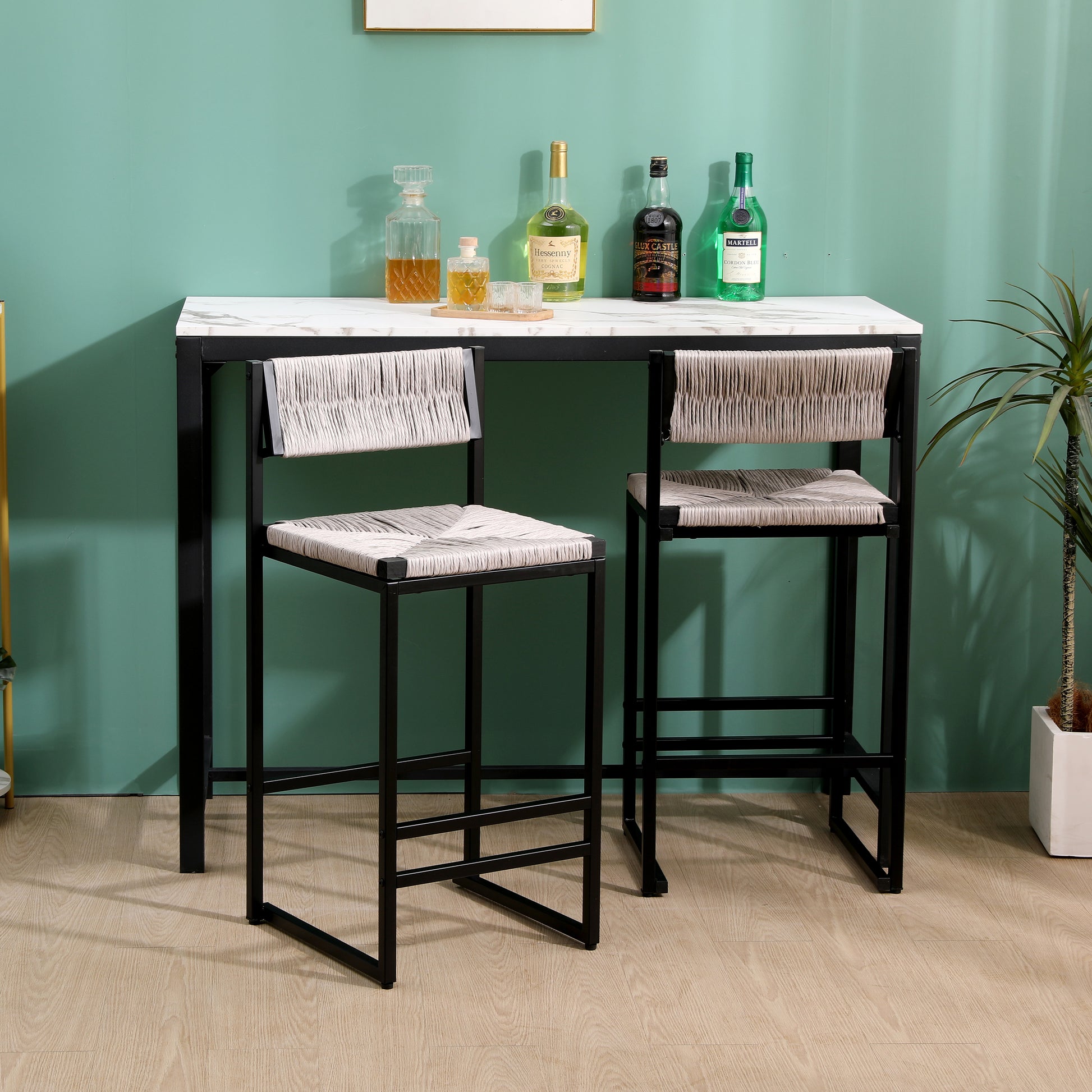 Black metal bar stool with woven rope seat