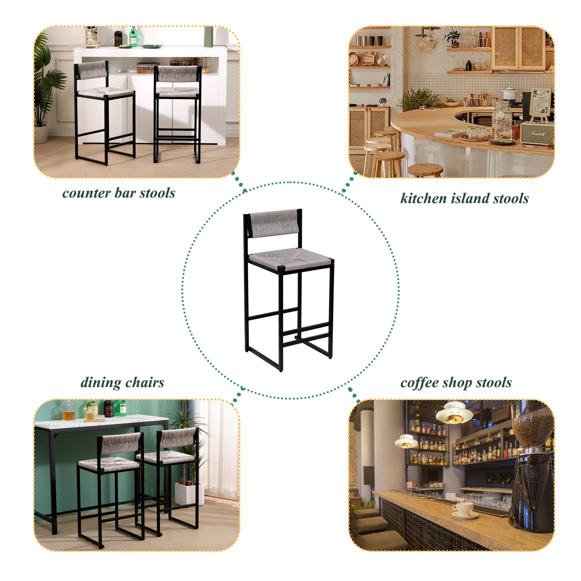Gray woven counter bar stools with black metal legs
