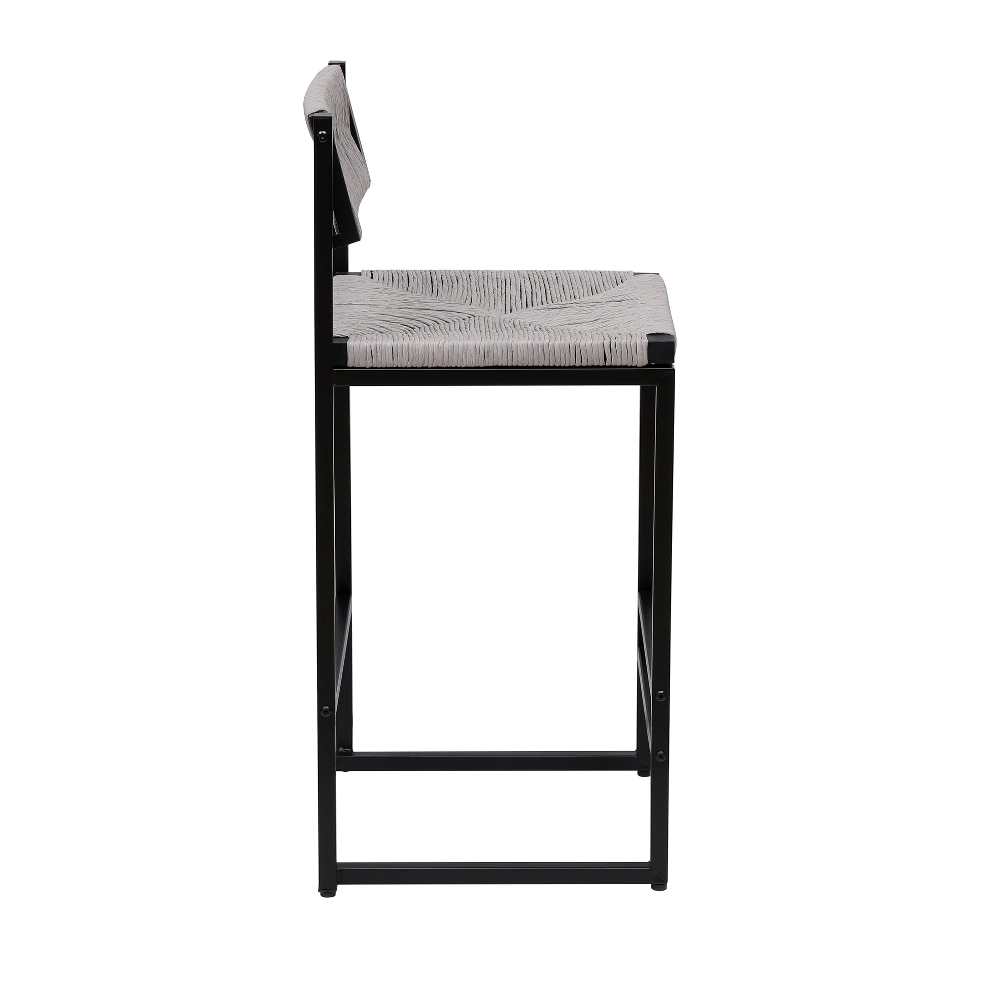 Modern bar stool with woven grey seat and black metal frame