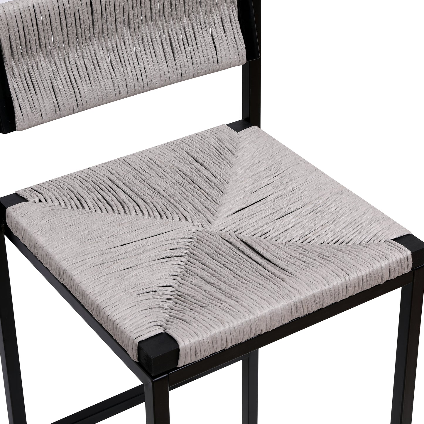 Light grey woven stool seat with black metal frame
