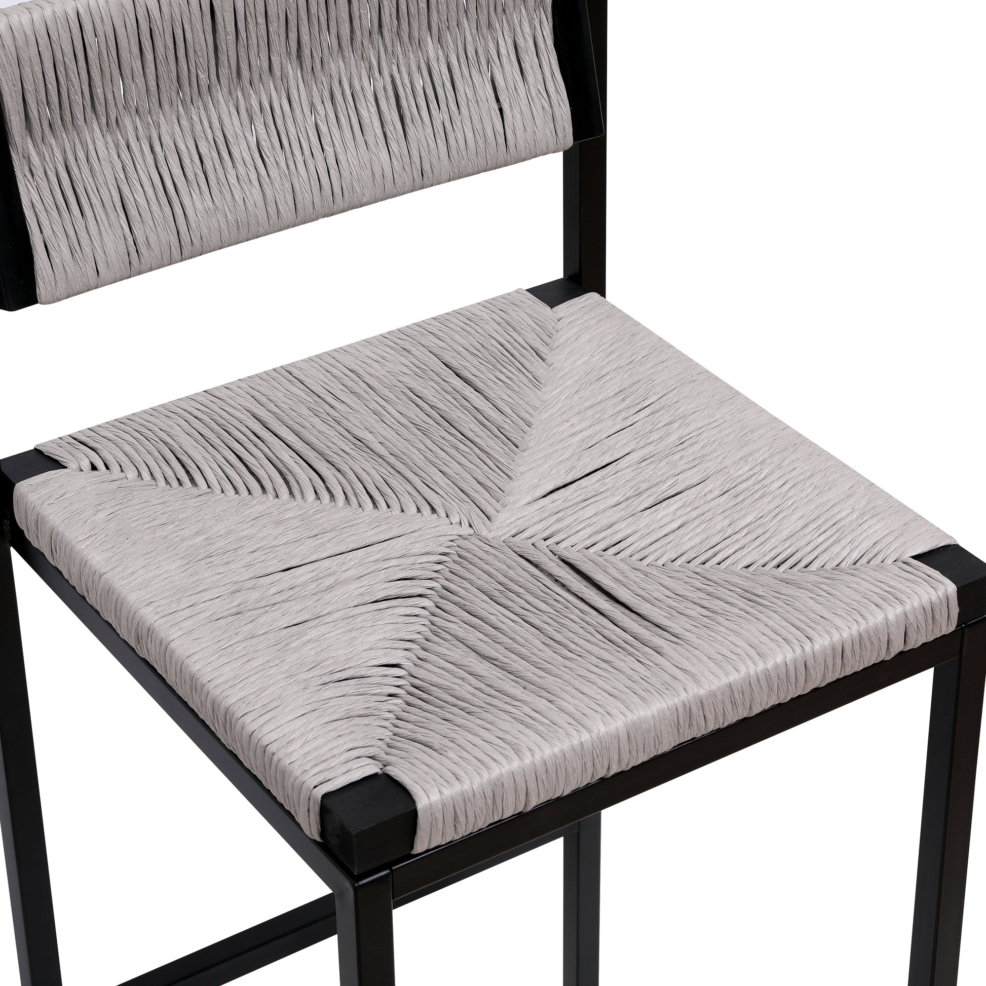 Light grey woven stool seat with black metal frame