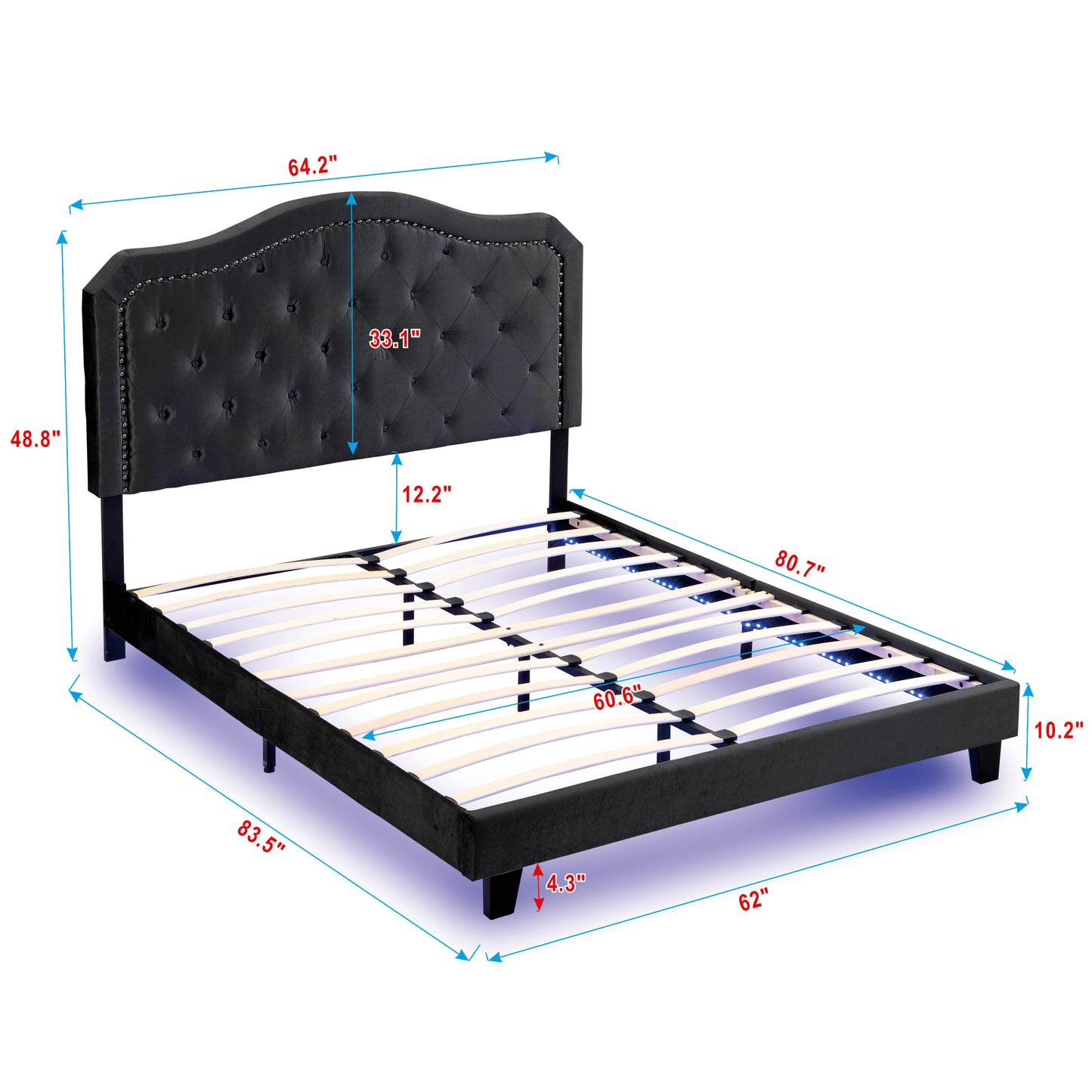 Modern Upholstered Bed with LED Lights and Tufted Design - Black Velvet