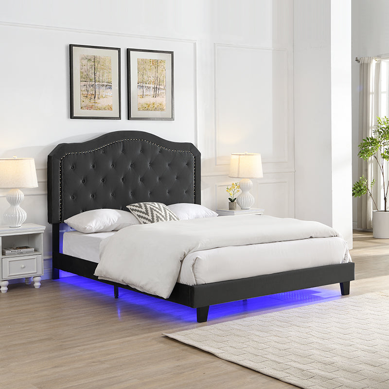 Modern Upholstered Bed with LED Lights and Tufted Design - Black Velvet