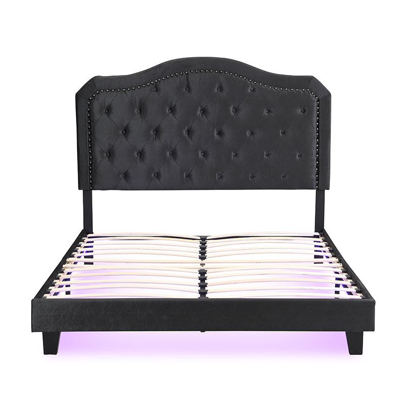 Modern Upholstered Bed with LED Lights and Tufted Design - Black Velvet