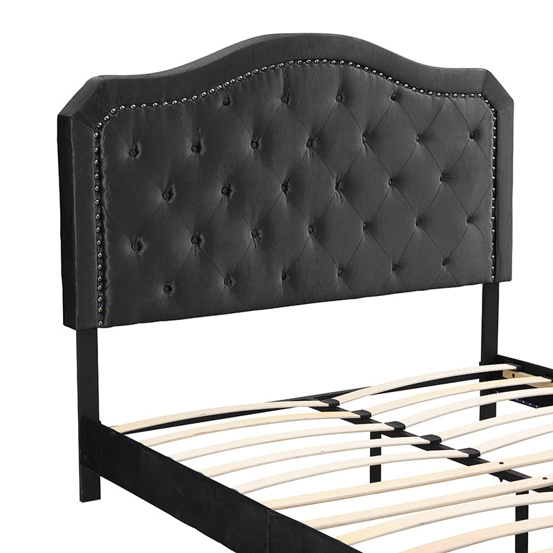 Modern Upholstered Bed with LED Lights and Tufted Design - Black Velvet