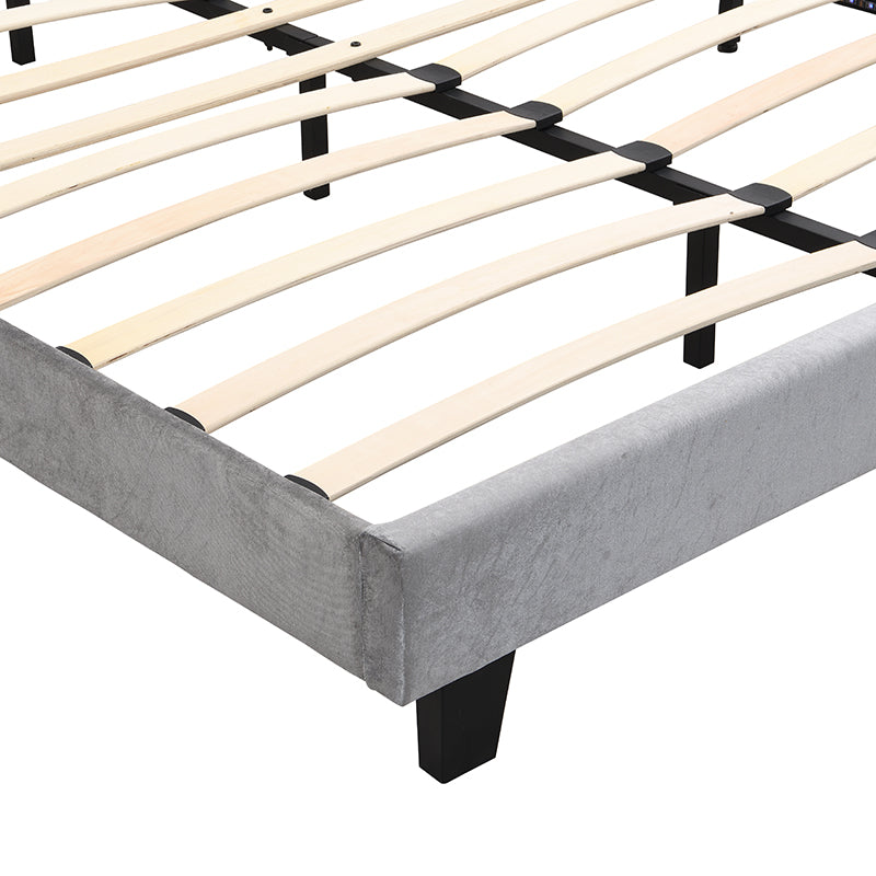 Light Grey Velvet Upholstered Bed with LED Lights and Slat Support