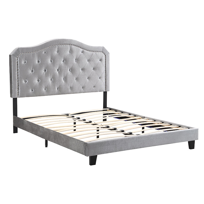 Light Grey Velvet Upholstered Bed with LED Lights and Slat Support