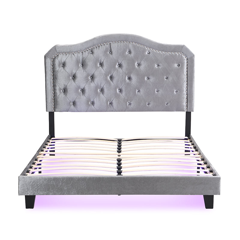 Light Grey Velvet Upholstered Bed with LED Lights and Slat Support