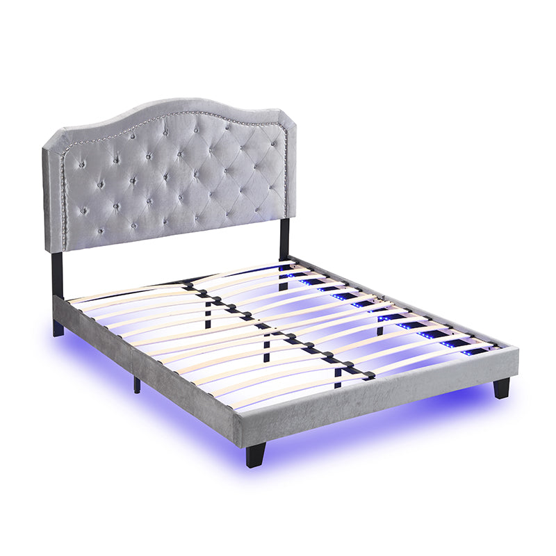 Light Grey Velvet Upholstered Bed with LED Lights and Slat Support