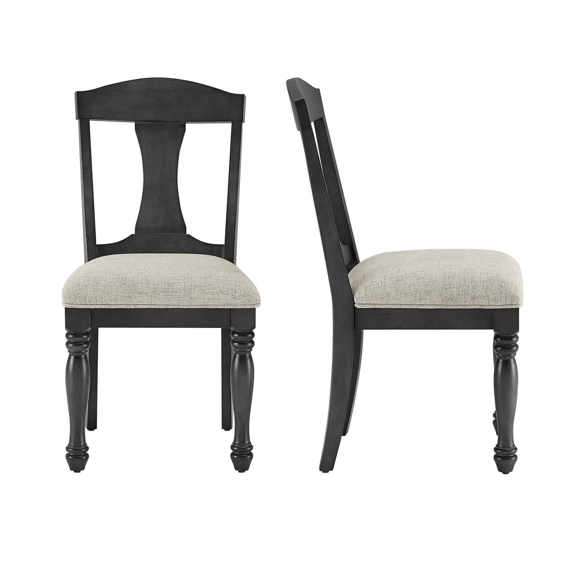 Dark grey upholstered dining chair with turned legs