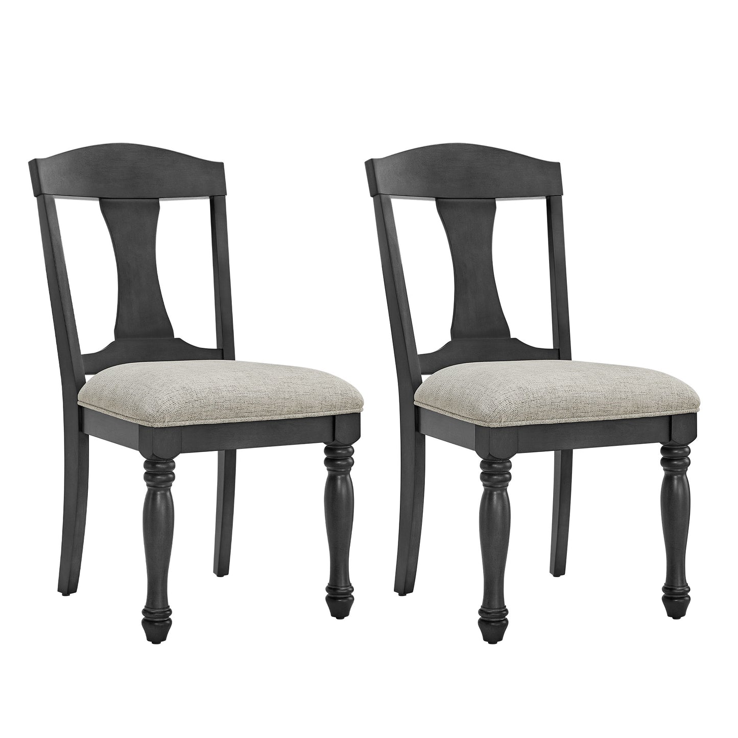 Two dark gray wooden dining chairs with light beige upholstered seats and turned legs