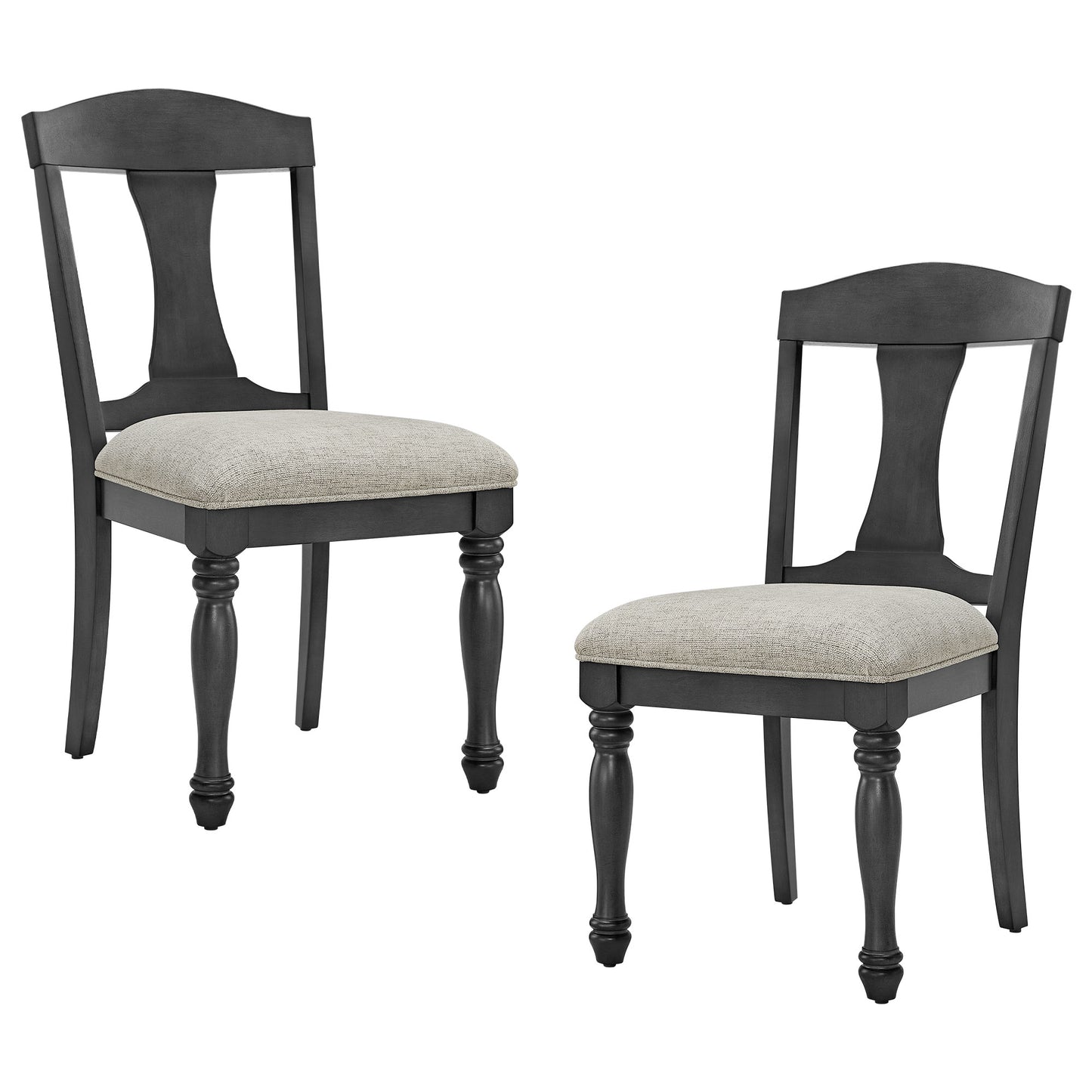 Classic dark grey dining chairs with light grey upholstered seats