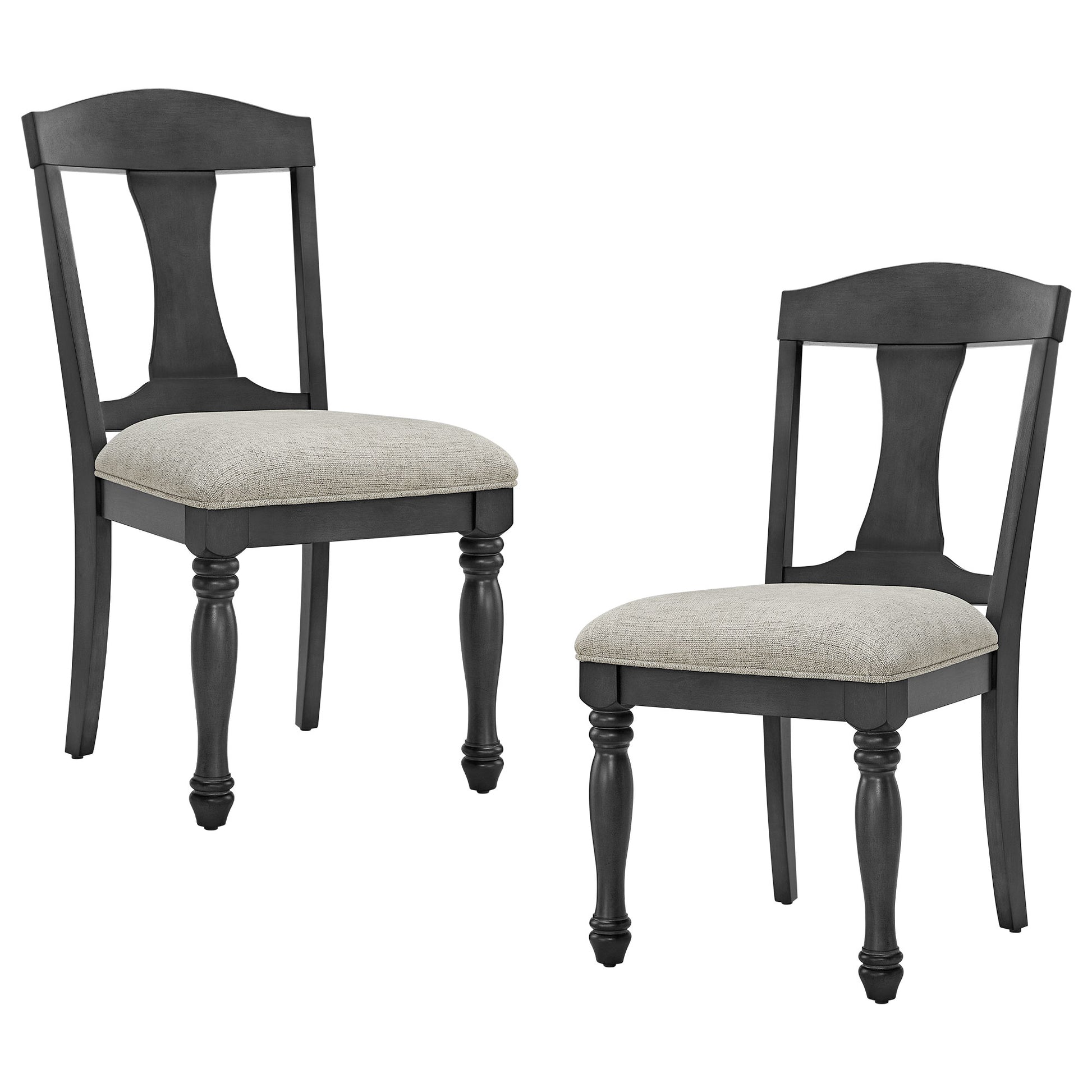 Classic dark grey dining chairs with light grey upholstered seats