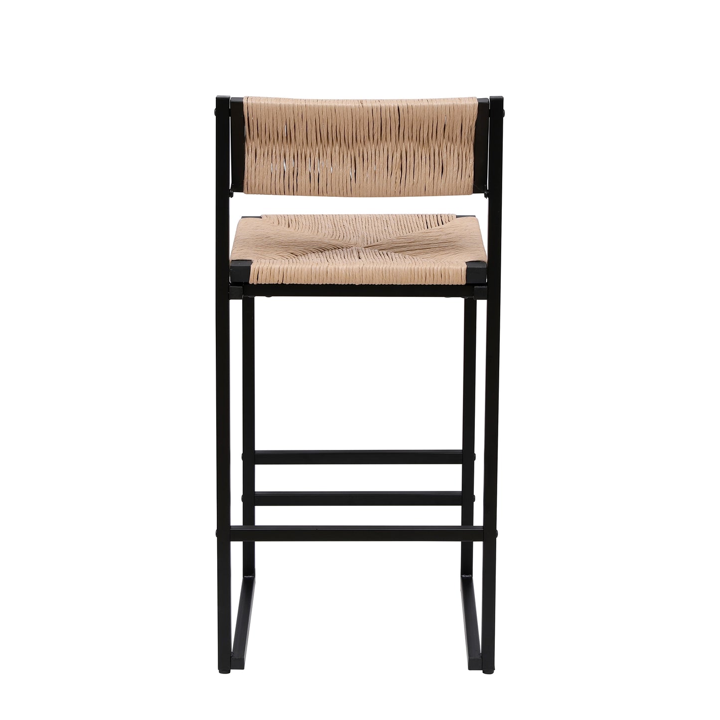 Black metal bar stool with natural woven rush seat and back