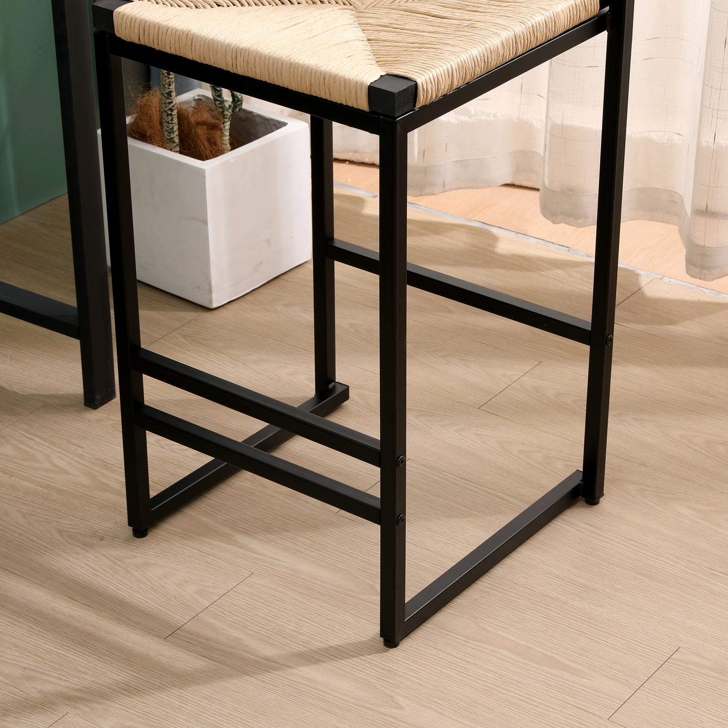 Natural woven straw seat bar stool with black metal frame