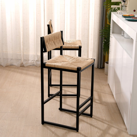 Natural woven seat bar stool with black metal frame