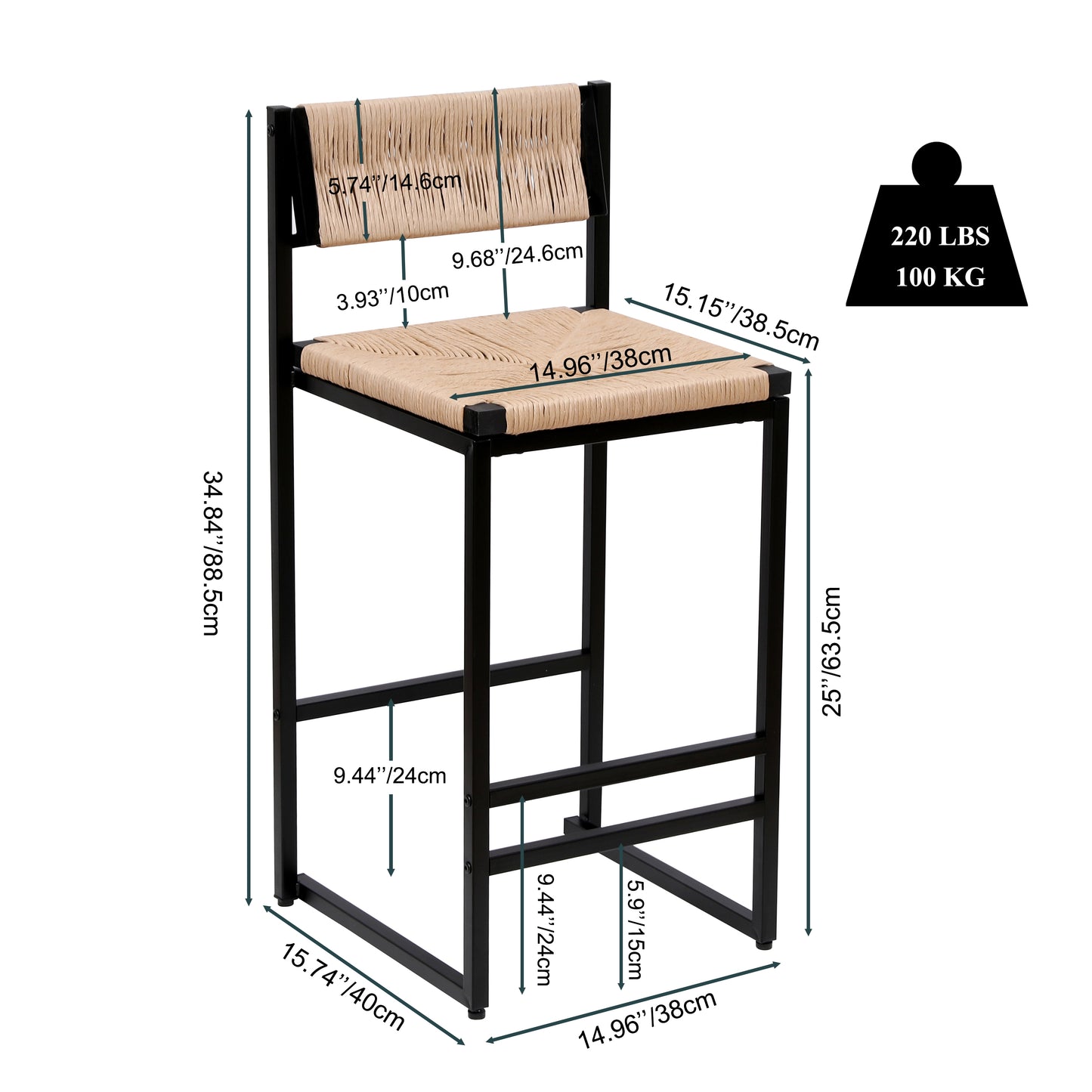 Black metal bar stool with natural woven seat and back