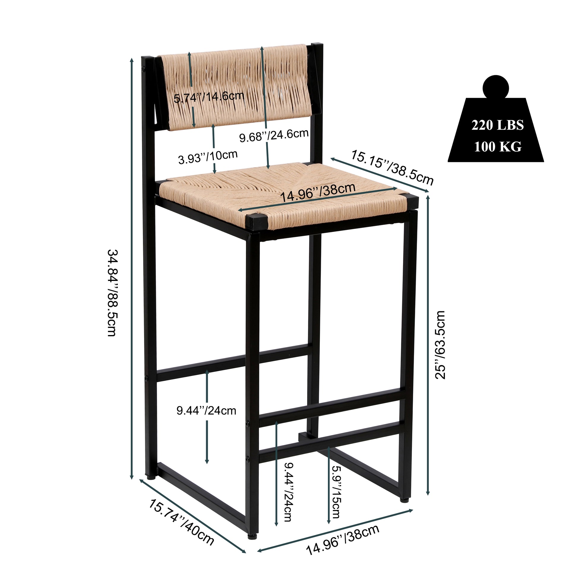 Black metal bar stool with natural woven seat and back