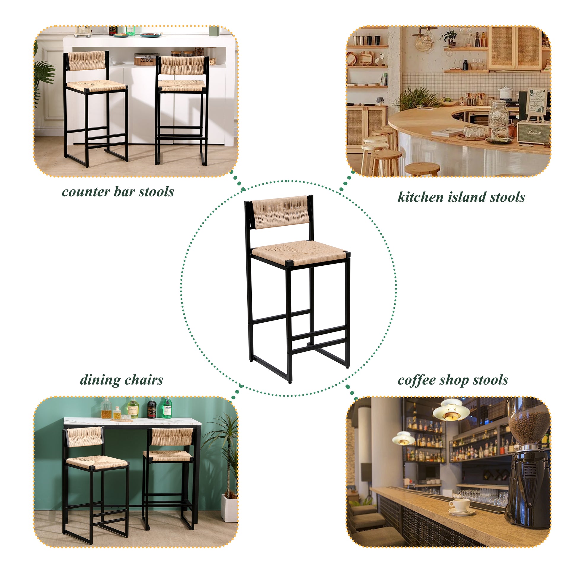 Black metal counter bar stools with woven natural fiber seats and backrests