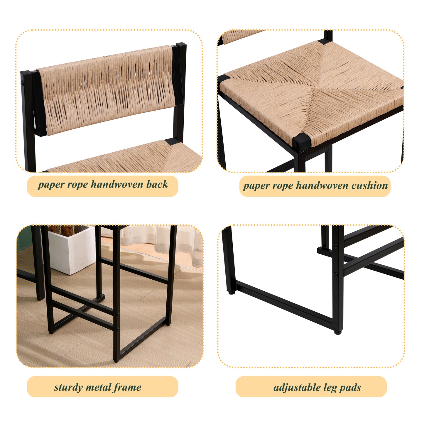 Natural paper rope woven backrest on a black metal stool