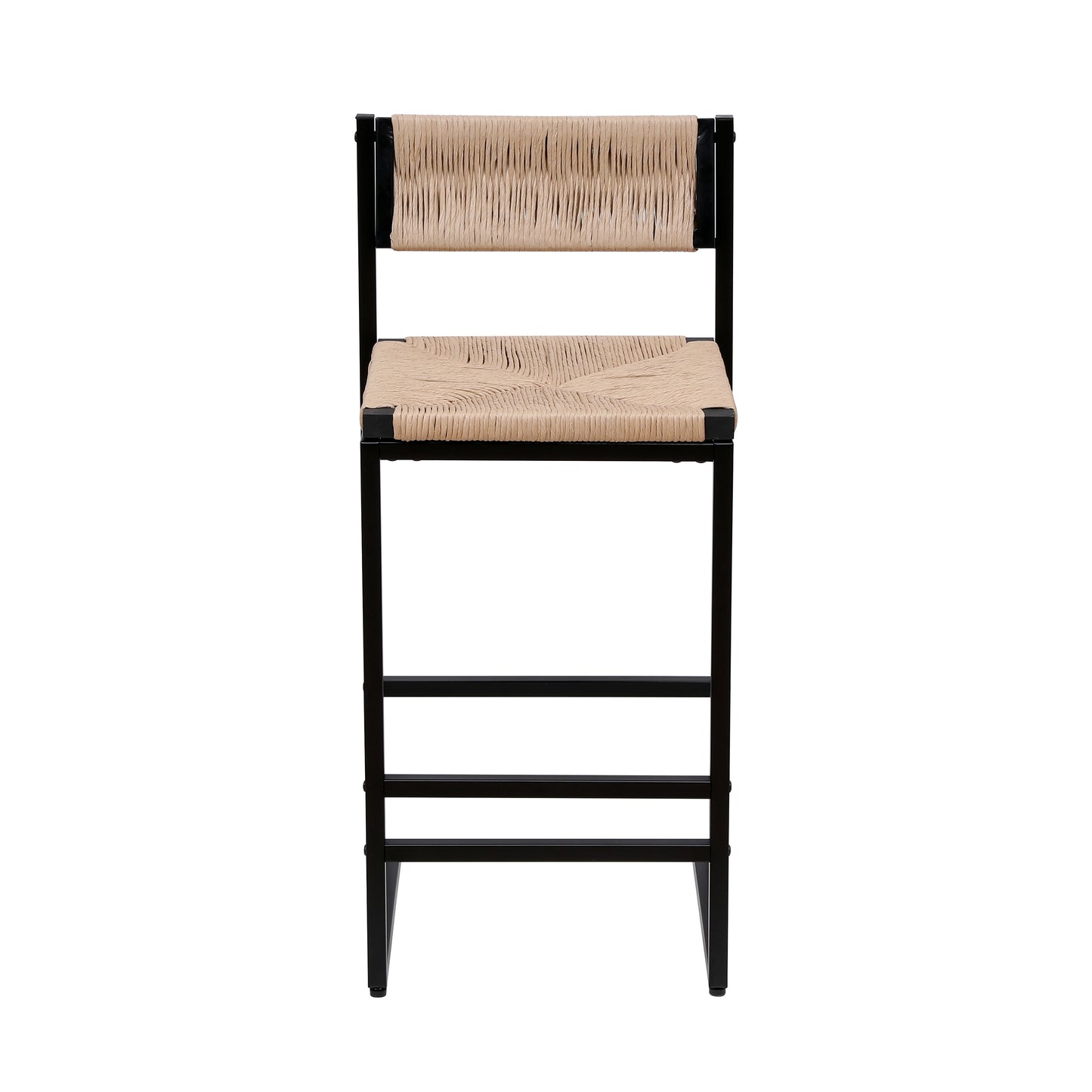 Black metal bar stool with natural woven rush seat and back