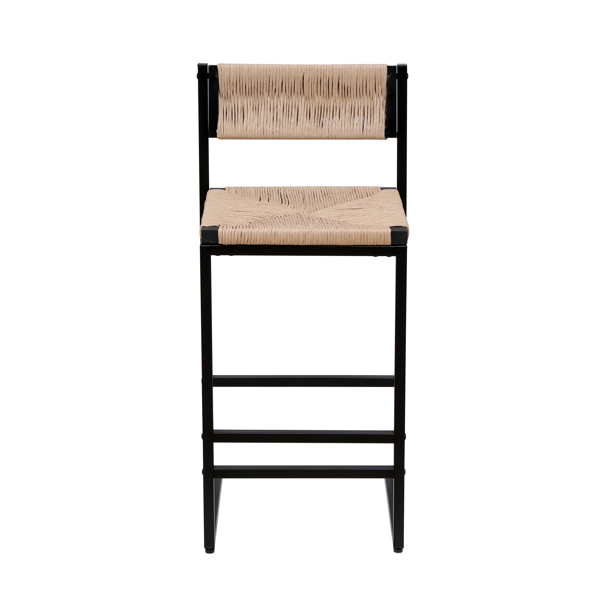 Black metal bar stool with natural woven rush seat and back