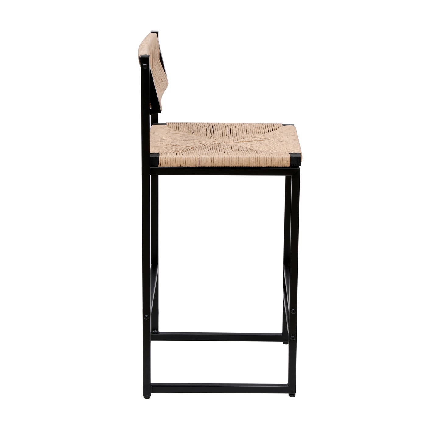 Black metal bar stool with natural woven seat and back