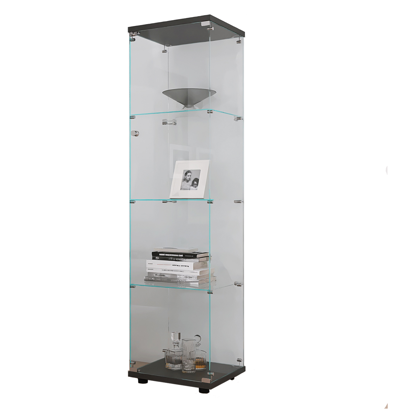 Tall glass display cabinet with four shelves ideal for showcasing collectibles